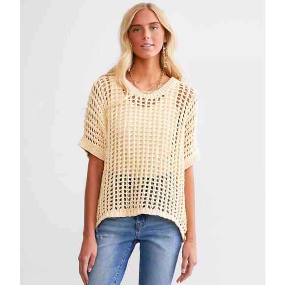 HYFVE Open Stitch Boxy Sweater Beige Crochet Knit Pullover Sweater Top Women's S - Picture 3 of 13